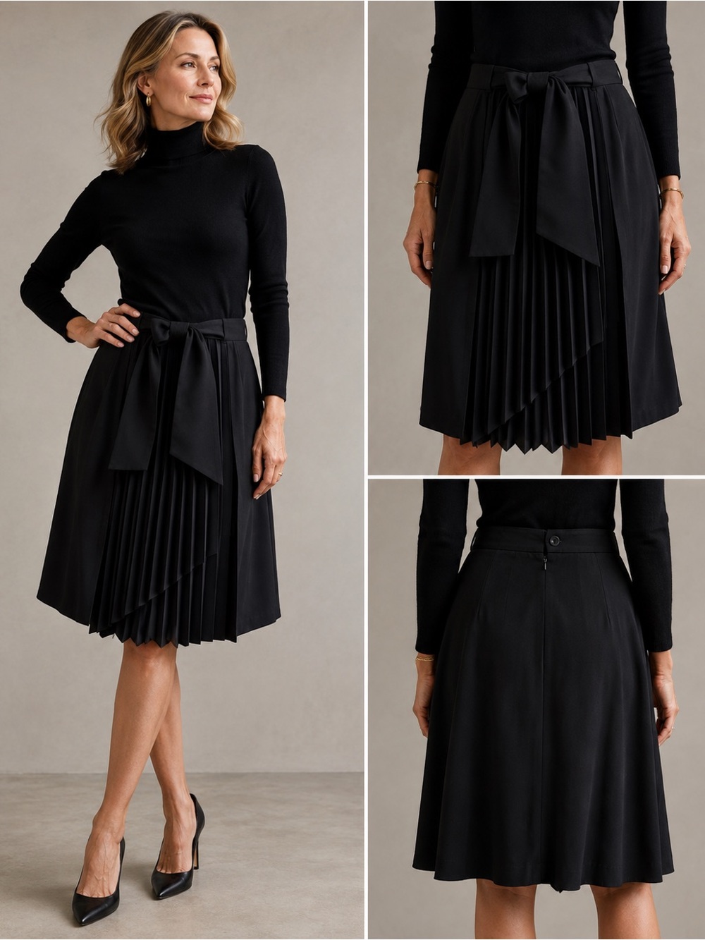 Vintage 1980s Escada Couture Black Wool Pleated Tie Waist Skirt US Size 6